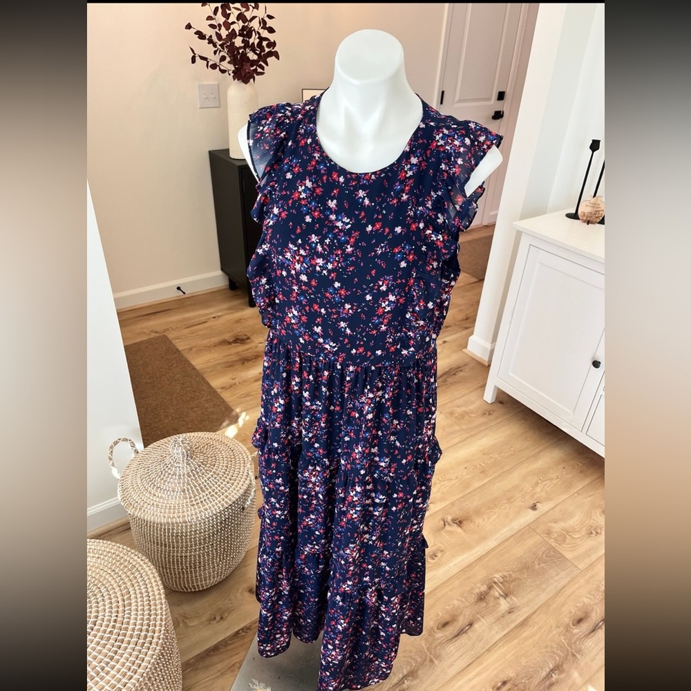 Floral print flowing dress with ruffles, J Crew, size 14, sleeveless
